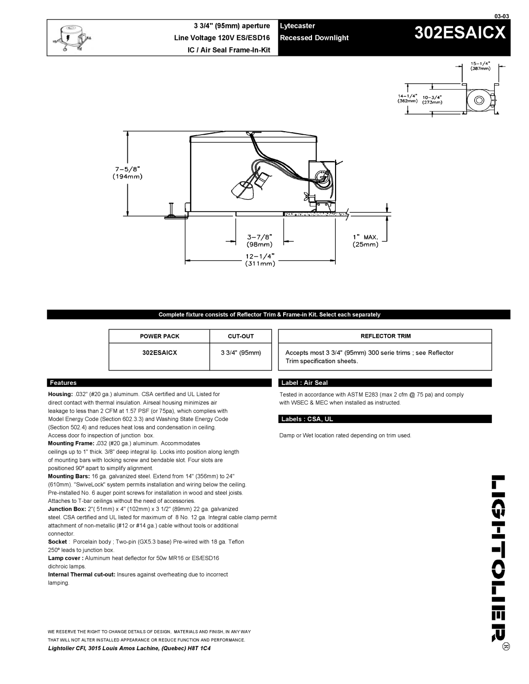 Lightolier 302ESAICX specifications Lytecaster, Recessed Downlight 