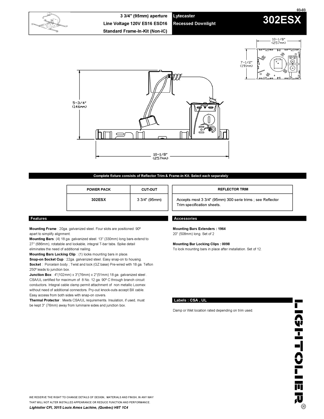 Lightolier 302ESX specifications Recessed Downlight, Features, Accessories, Labels CSA , UL 