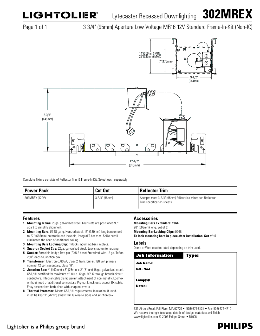 Lightolier specifications Lytecaster Recessed Downlighting 302MREX, Power Pack Cut Out Reflector Trim, Features, Labels 