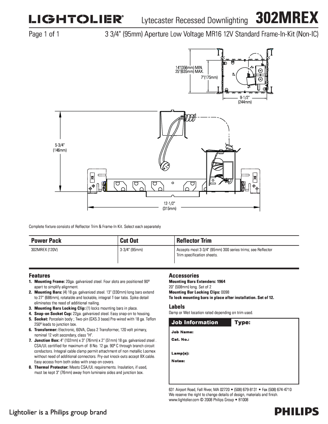 Lightolier specifications Lytecaster Recessed Downlighting302MREX, Page 1 of, Lightolier is a Philips group brand, Type 