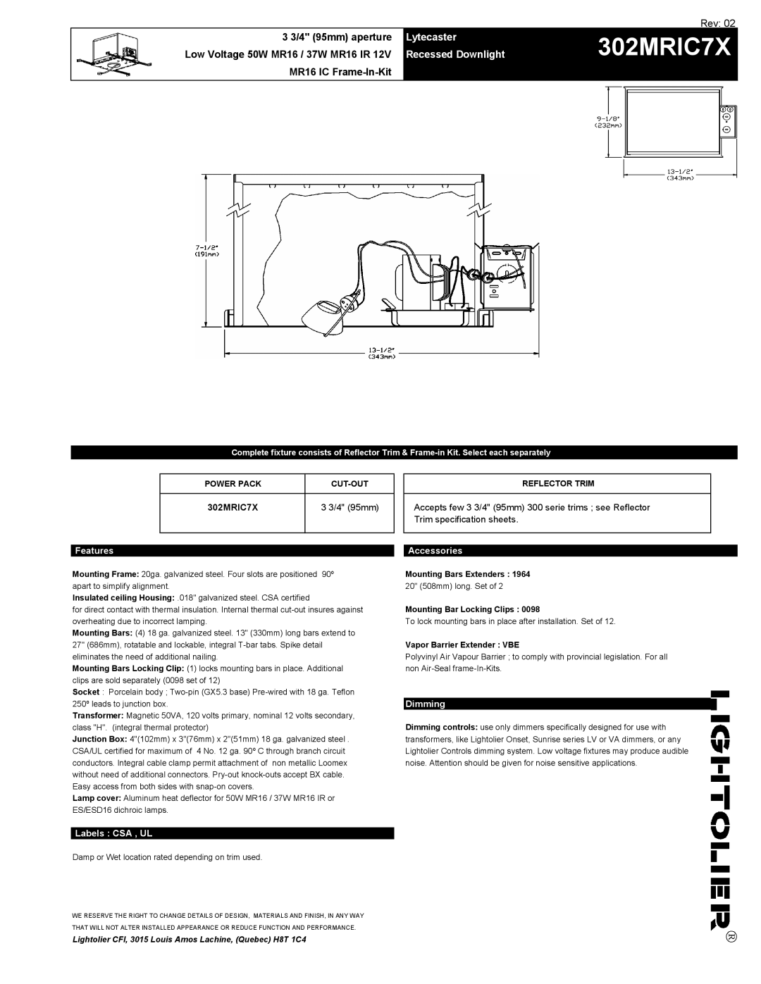 Lightolier 302MRIC7X specifications Lytecaster, Recessed Downlight 