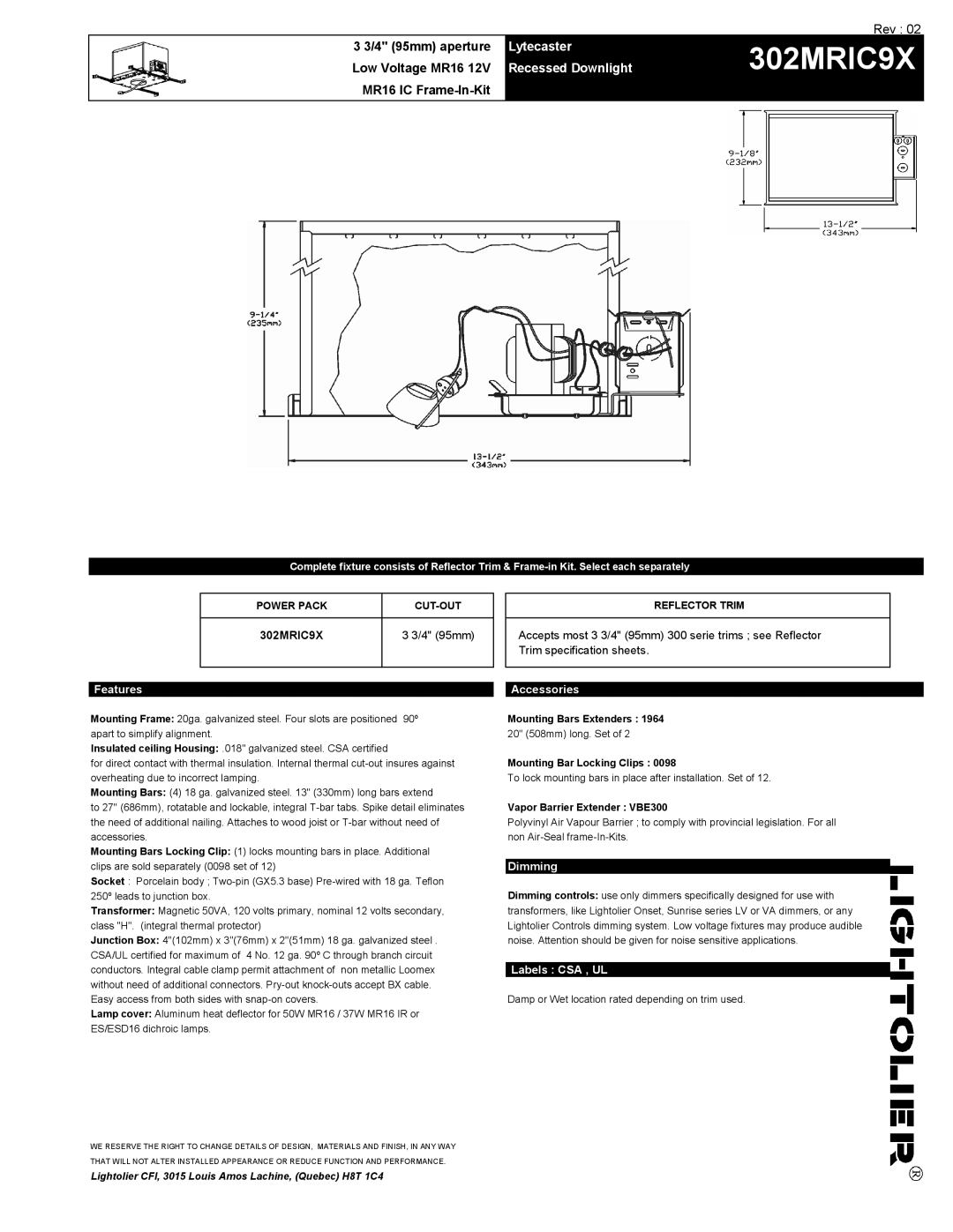Lightolier 302MRIC9X specifications Lytecaster, Recessed Downlight 