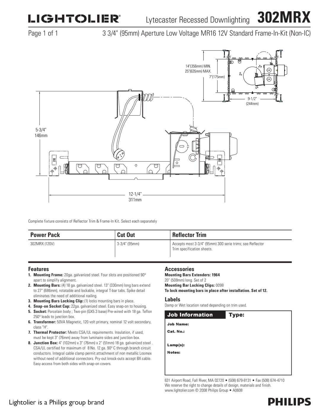 Lightolier specifications Lytecaster Recessed Downlighting 302MRX, Power Pack Cut Out Reflector Trim, Features, Labels 