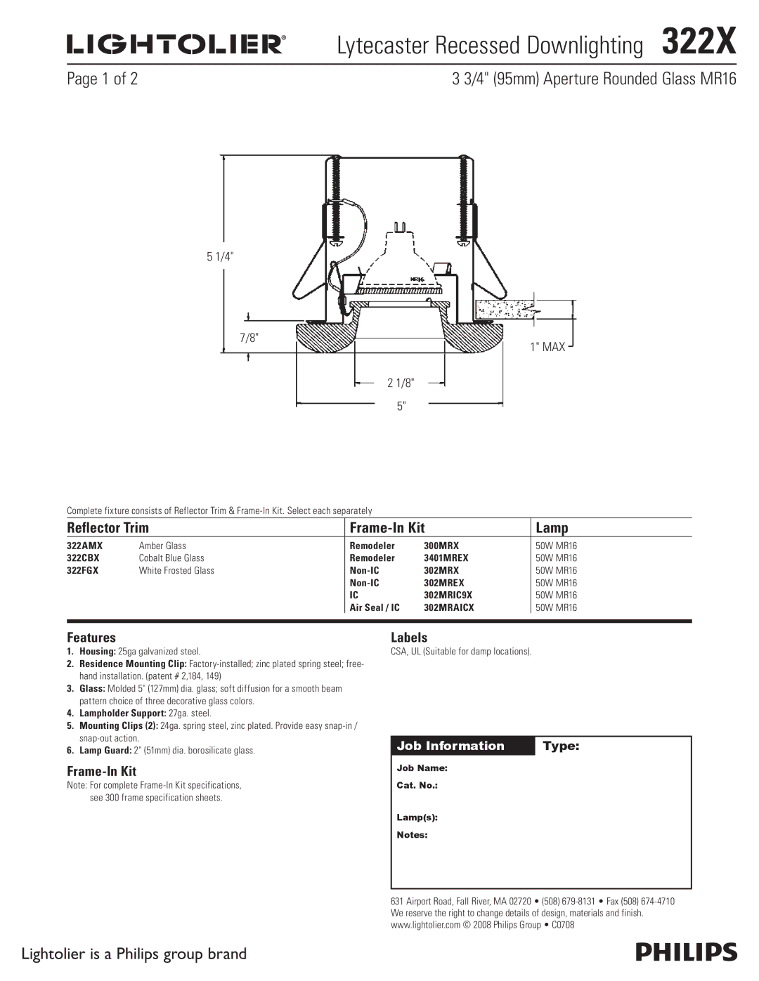 Lightolier 322X specifications Lytecaster Recessed Downlighting, 4 95mm Aperture Rounded Glass MR16 