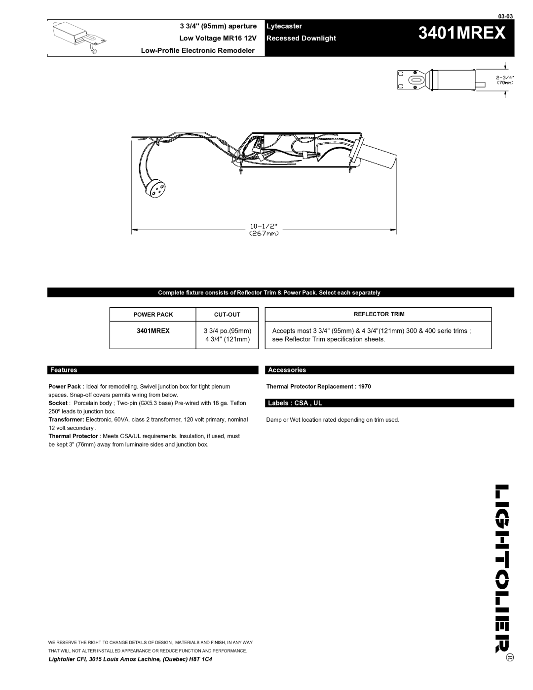 Lightolier 3401MREX specifications Recessed Downlight, Features Accessories, Labels CSA , UL 