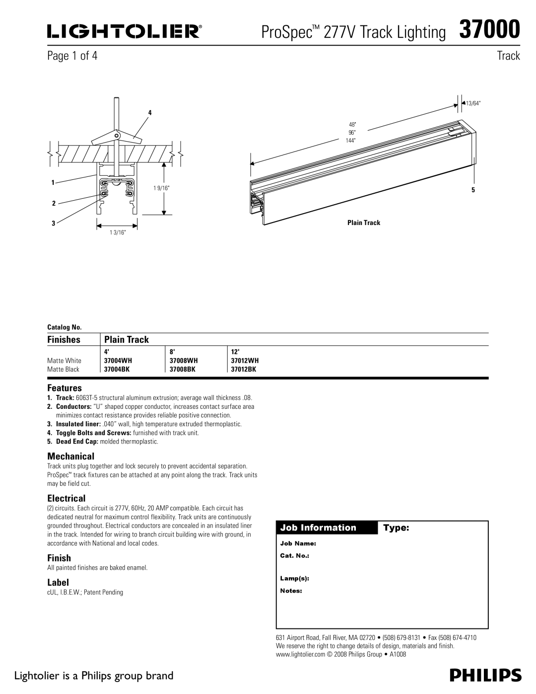 Lightolier 37000 manual Finishes Plain Track, Features, Mechanical, Electrical, Label 