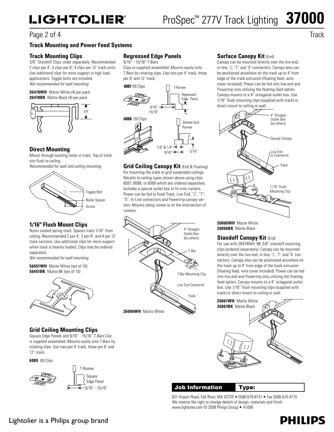 Lightolier 37000 Track Mounting and Power Feed Systems Track Mounting Clips, Regressed Edge Panels, Surface Canopy Kit End 