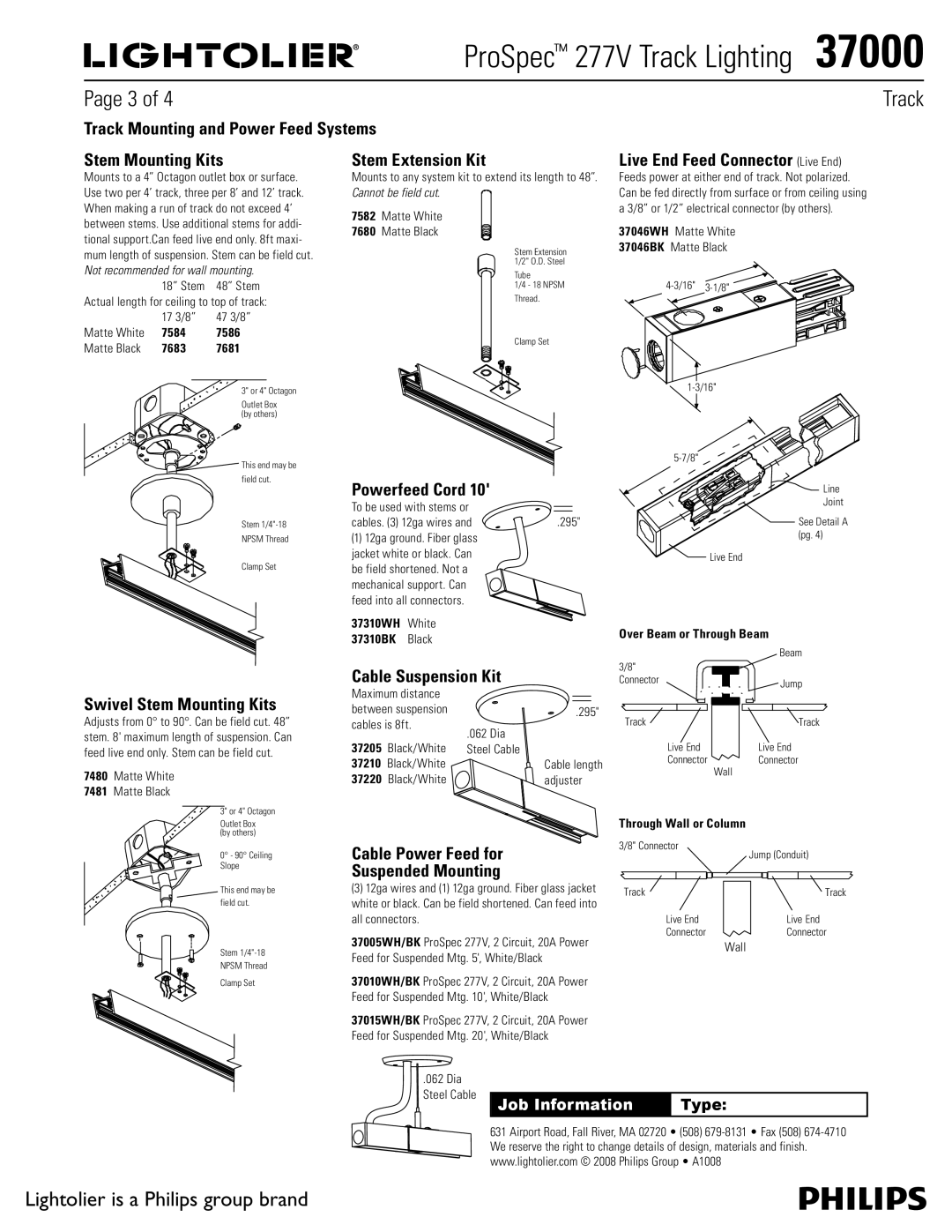 Lightolier 37000 Track Mounting and Power Feed Systems Stem Mounting Kits, Stem Extension Kit, Swivel Stem Mounting Kits 