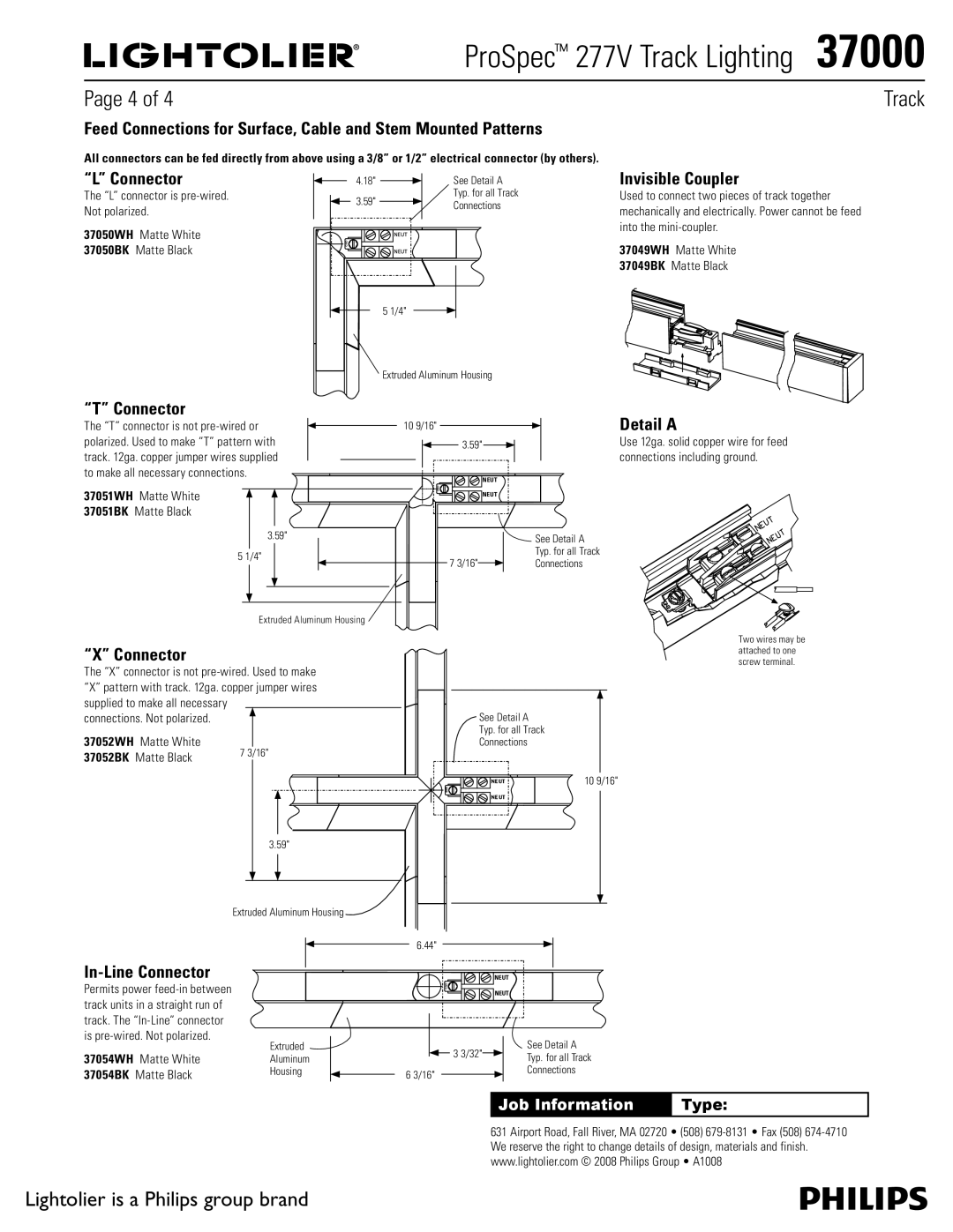 Lightolier 37000 manual Invisible Coupler, Detail a, In-Line Connector, 37051WH Matte White 37051BK Matte Black 