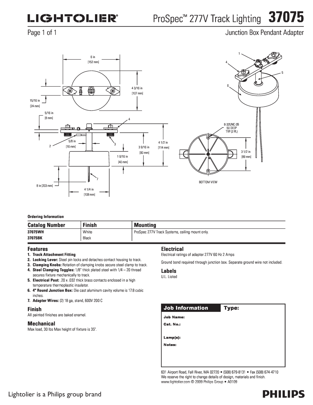 Lightolier manual ProSpec 277V Track Lighting37075, Junction Box Pendant Adapter, Page 1 of, Catalog Number, Finish 
