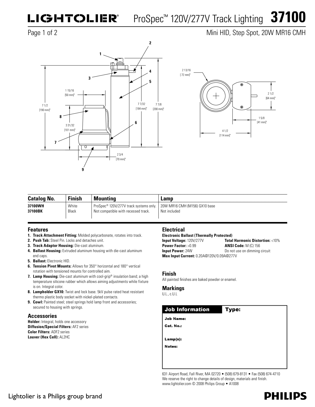 Lightolier 37100 manual Catalog No Finish Mounting Lamp, Features, Accessories, Electrical, Markings 