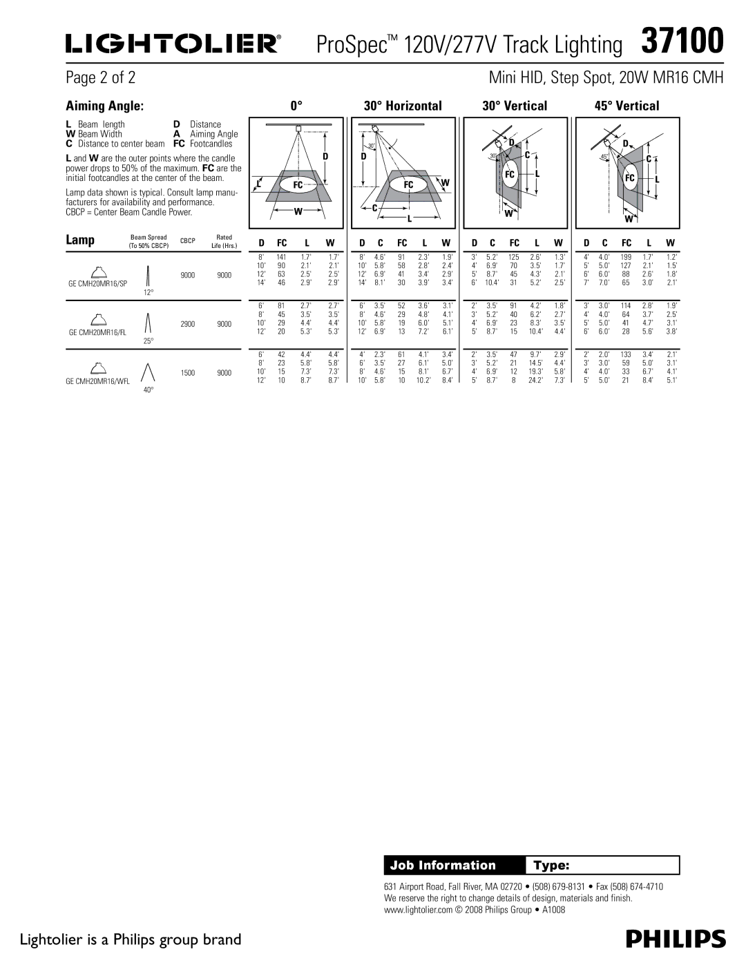 Lightolier 37100 manual Aiming Angle, Horizontal, Vertical, Beam length Distance Beam Width 