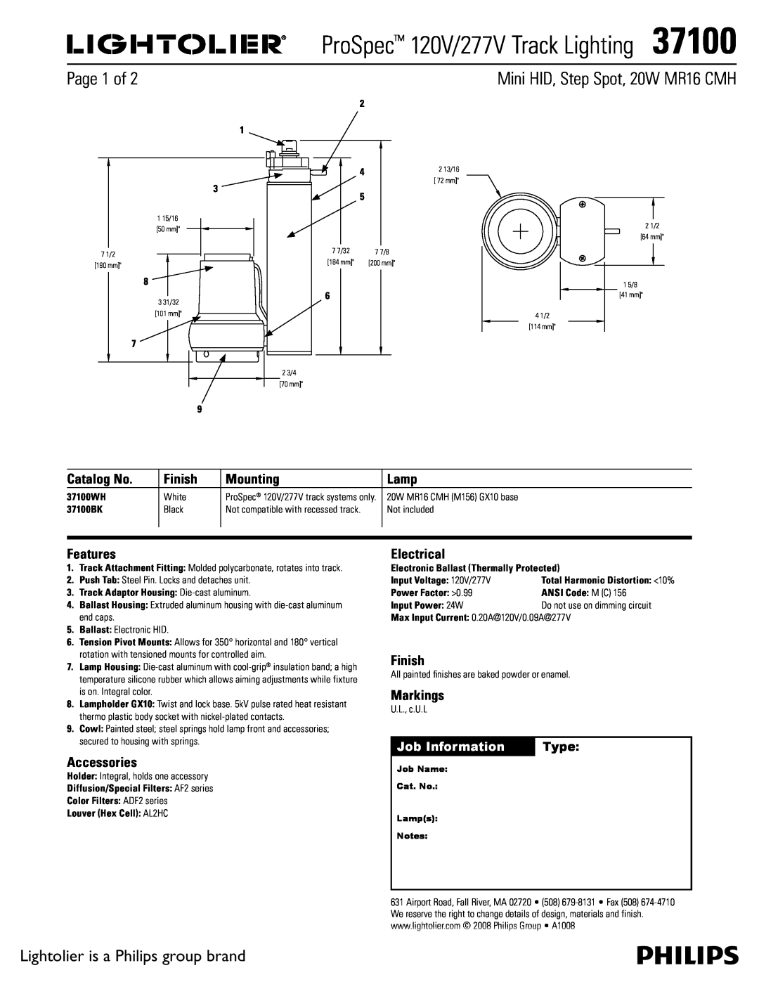 Lightolier 37100 manual Page 1 of, Lightolier is a Philips group brand, Catalog No, Finish, Mounting, Lamp, Features, Type 