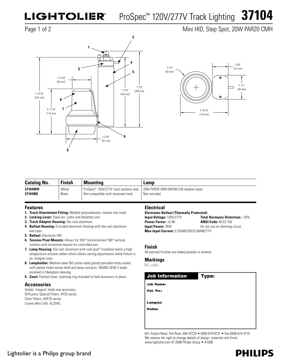 Lightolier 37104 manual Catalog No Finish Mounting Lamp, Features, Accessories, Electrical, Markings 