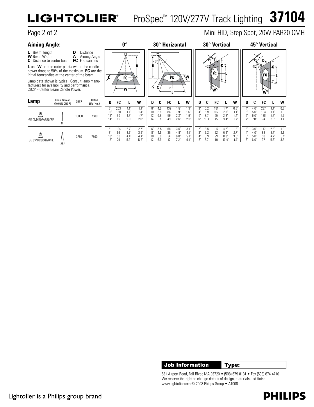 Lightolier 37104 manual Aiming Angle, Horizontal, Vertical, Beam length Distance Beam Width 