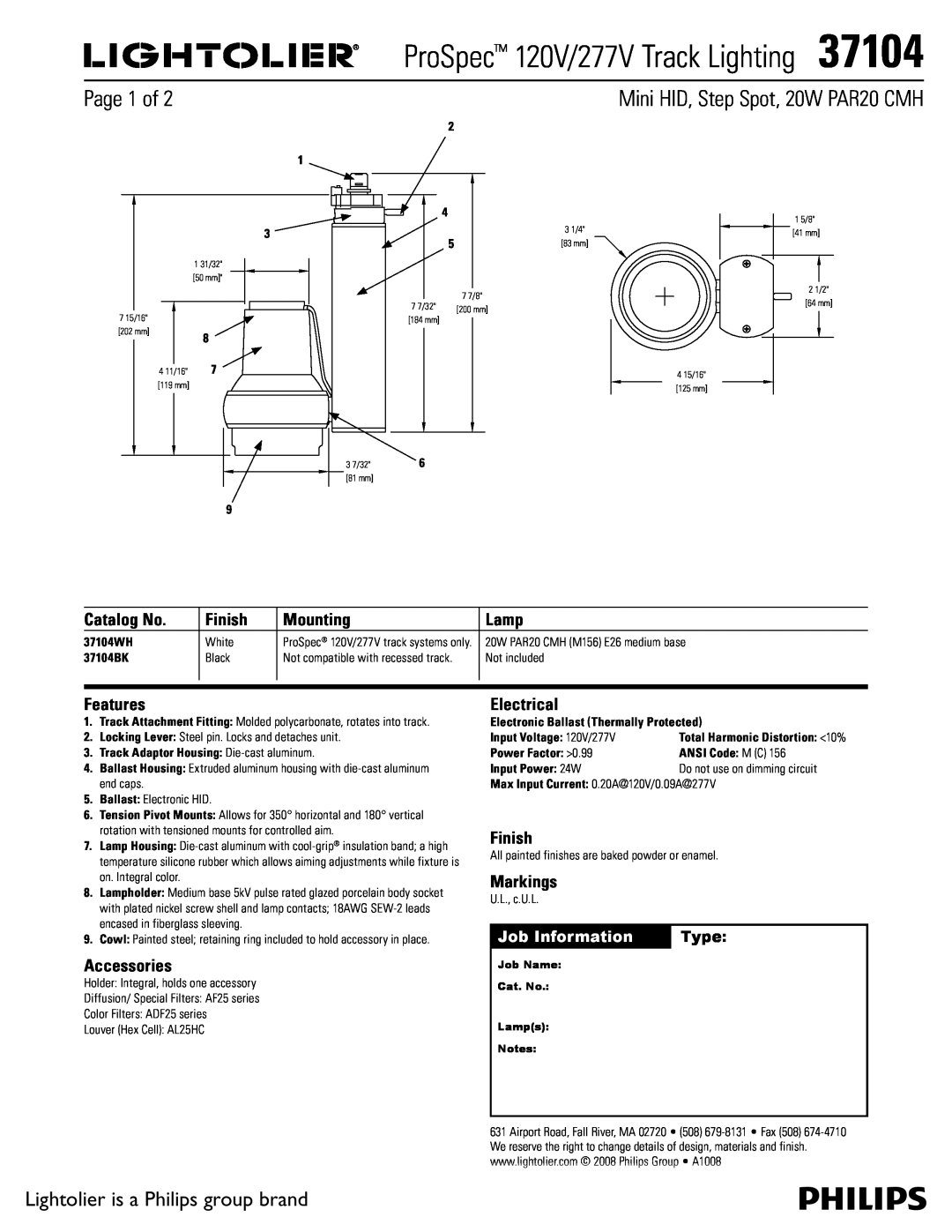 Lightolier 37104 manual Page 1 of, Lightolier is a Philips group brand, Catalog No, Finish, Mounting, Lamp, Features, Type 
