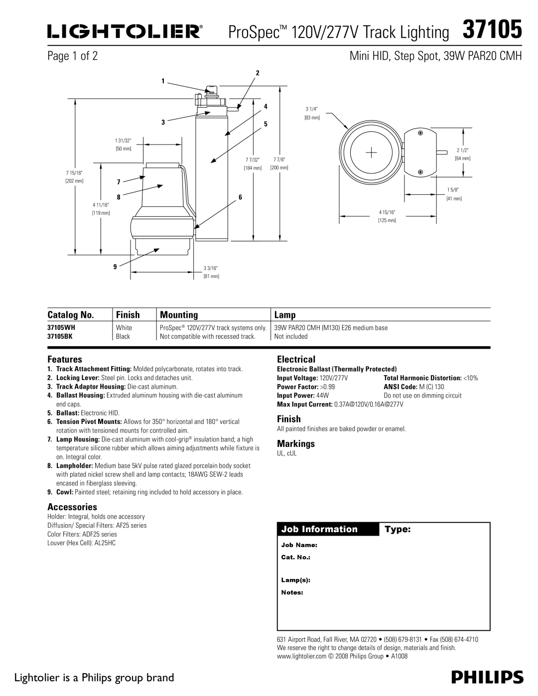 Lightolier 37105 manual Catalog No Finish Mounting Lamp, Features, Accessories, Electrical, Markings 