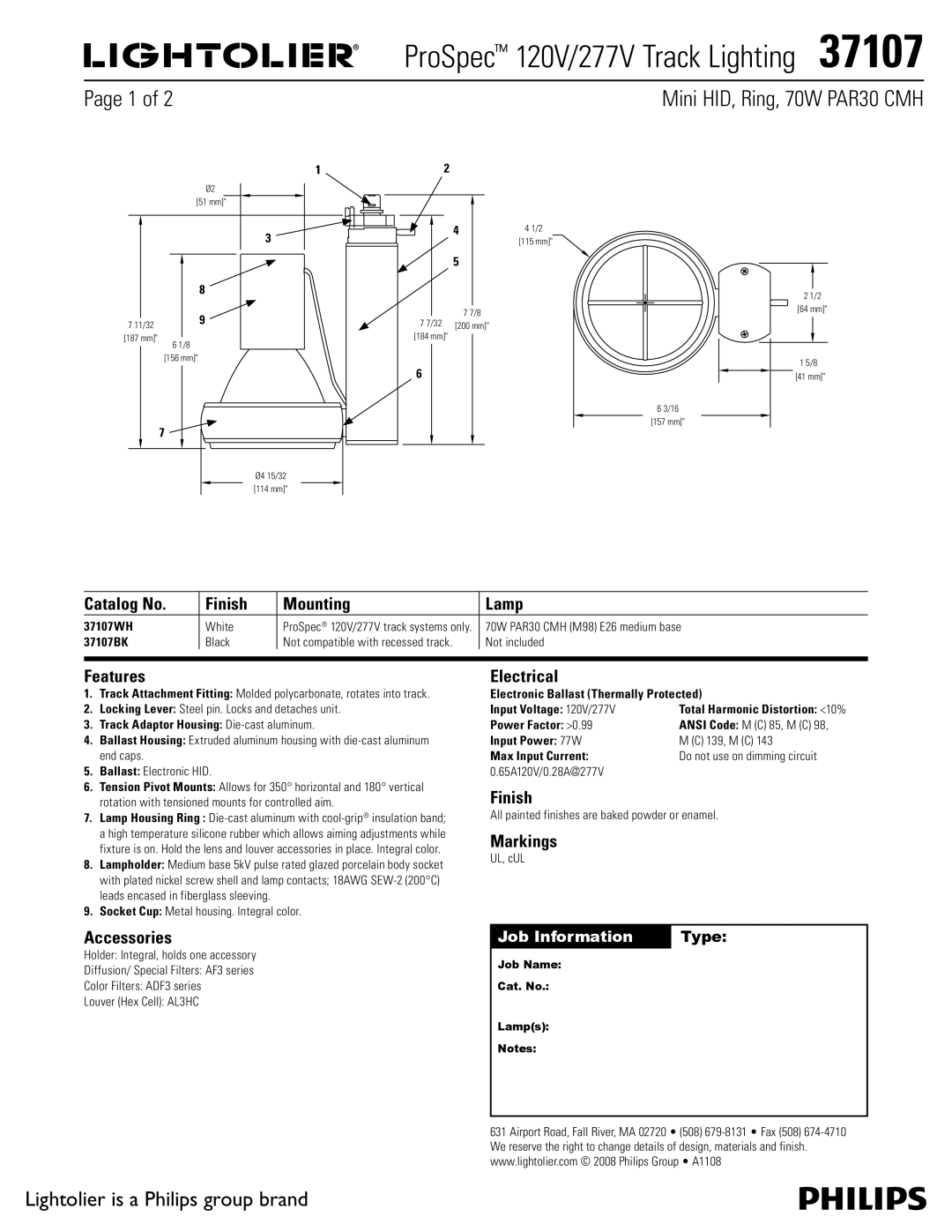 Lightolier 37107 manual Catalog No Finish Mounting Lamp, Features, Accessories, Electrical, Markings 