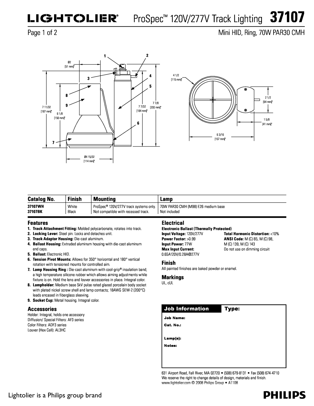 Lightolier manual ProSpec 120V/277V Track Lighting37107, Mini HID, Ring, 70W PAR30 CMH, Page 1 of, Catalog No, Finish 