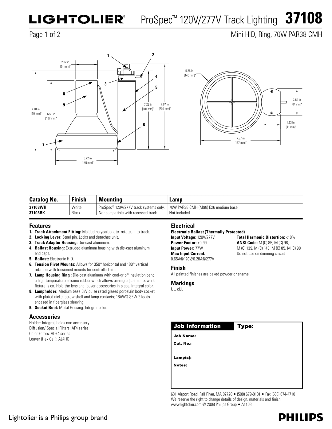 Lightolier 37108 manual Catalog No Finish Mounting Lamp, Features, Accessories, Electrical, Markings 