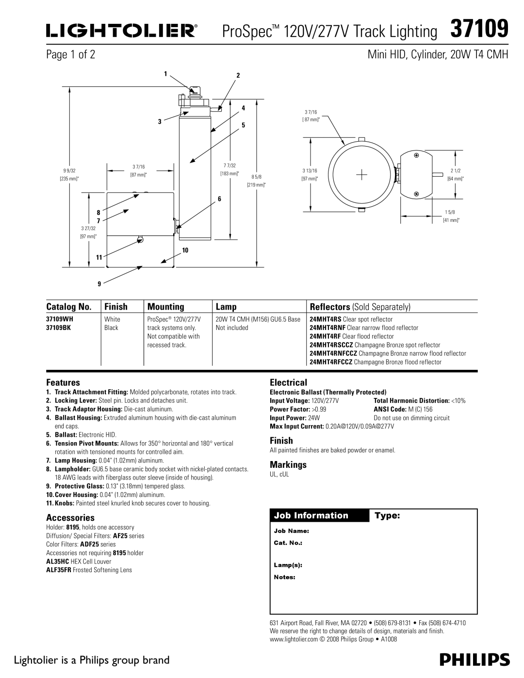 Lightolier 37109 manual Catalog No Finish Mounting Lamp, Features, Accessories, Electrical, Markings 