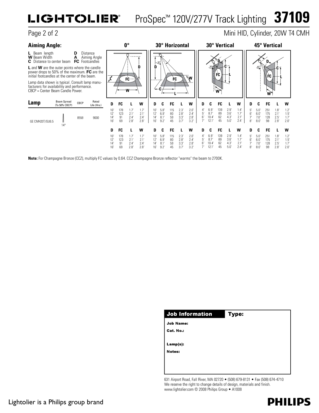 Lightolier 37109 manual Aiming Angle, Horizontal, Vertical, Beam length Distance Beam Width 