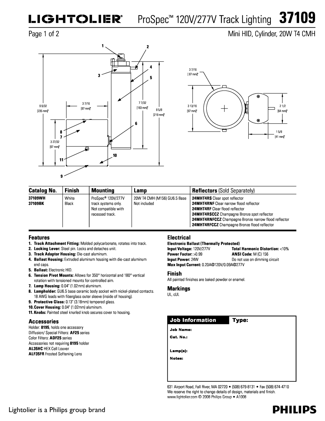 Lightolier manual ProSpec 120V/277V Track Lighting37109, Mini HID, Cylinder, 20W T4 CMH, Page 1 of, Catalog No, Finish 