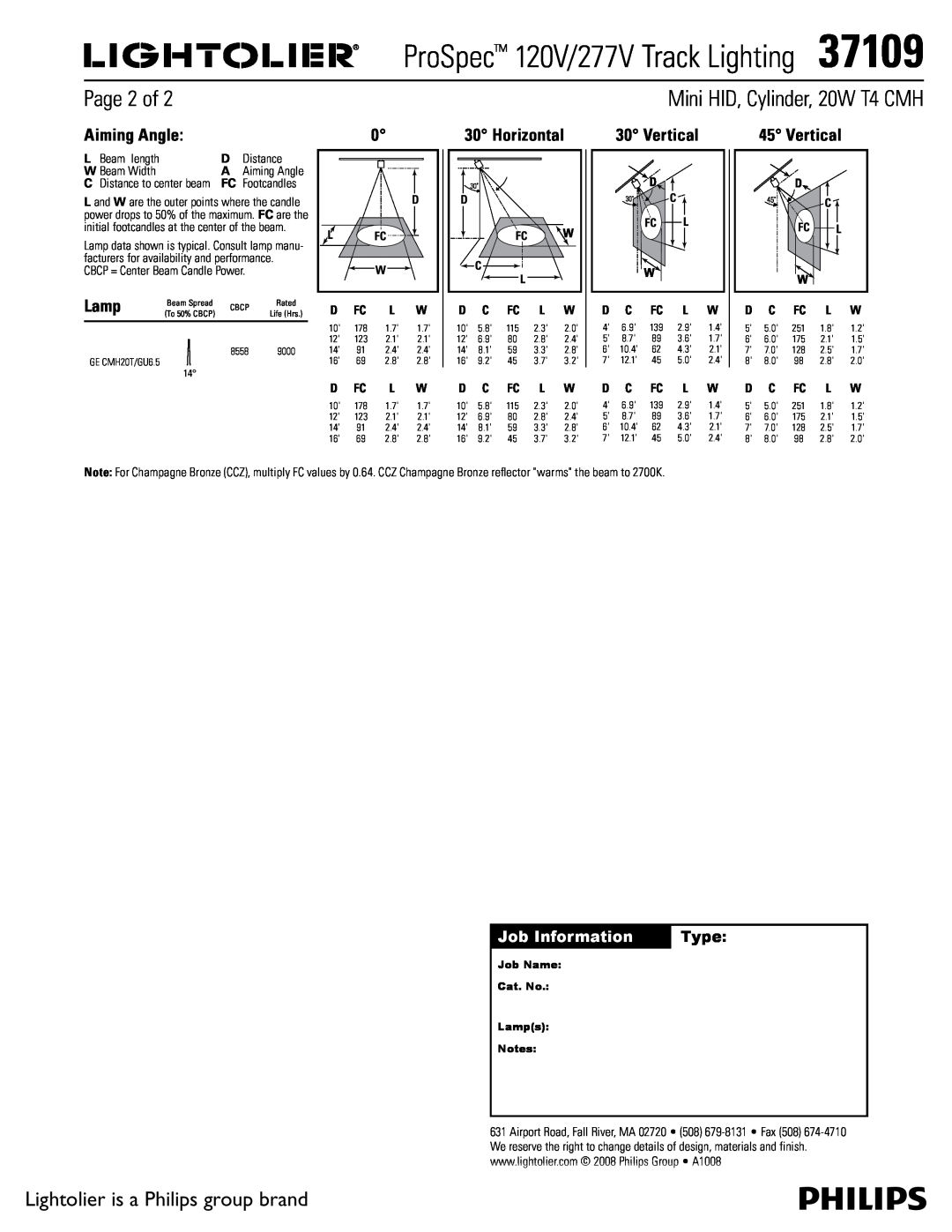 Lightolier Page 2 of, Aiming Angle, Horizontal, Vertical, ProSpec 120V/277V Track Lighting37109, Lamp, Job Information 