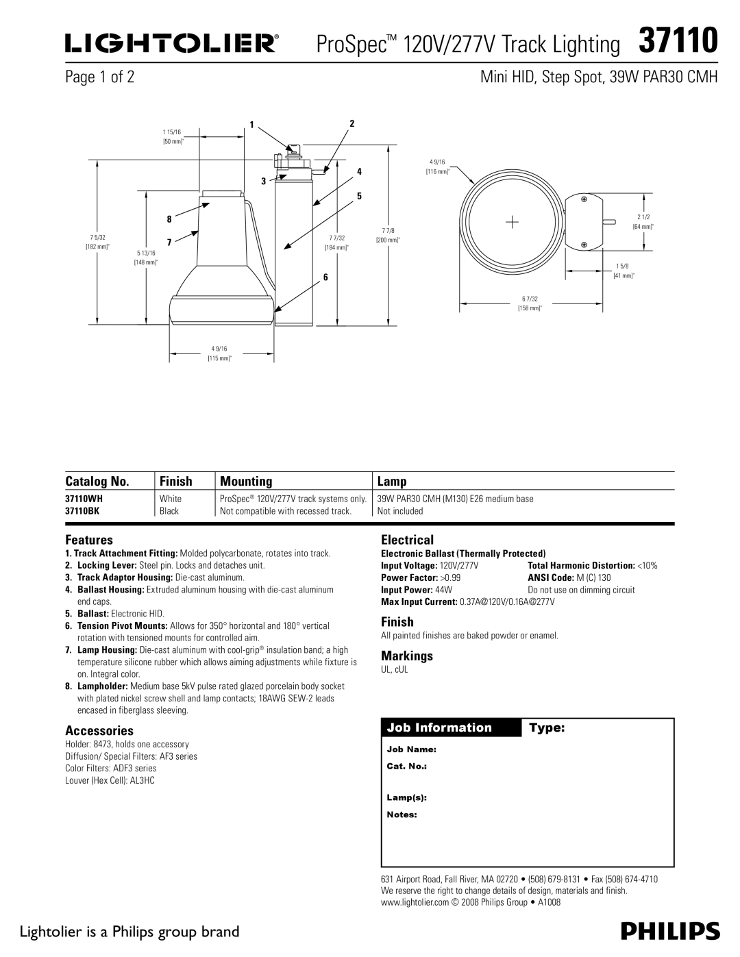 Lightolier 37110 manual Catalog No Finish Mounting Lamp, Features, Accessories, Electrical, Markings 