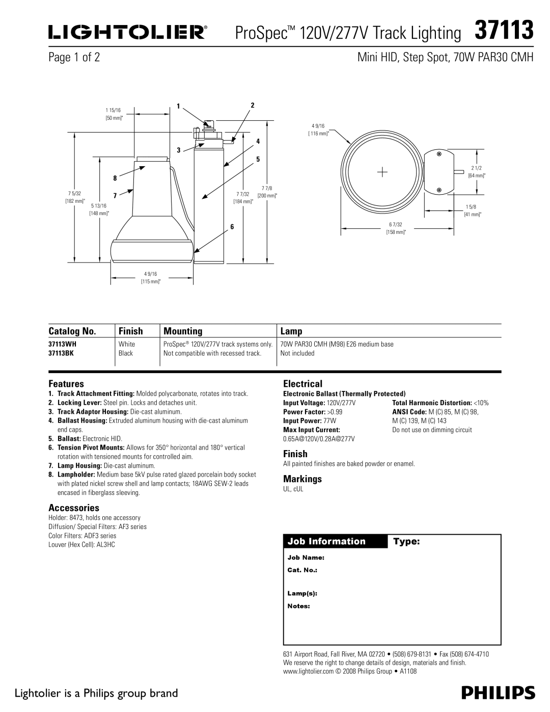 Lightolier 37113 manual Catalog No Finish Mounting Lamp, Features, Electrical, Markings, Accessories 