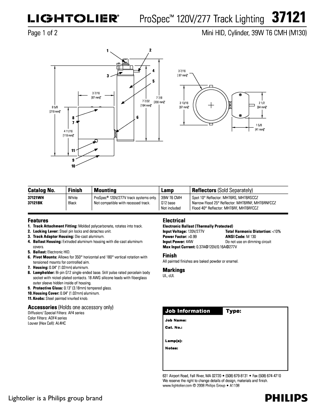 Lightolier manual ProSpec 120V/277 Track Lighting37121, Mini HID, Cylinder, 39W T6 CMH M130, Page 1 of, Job Information 
