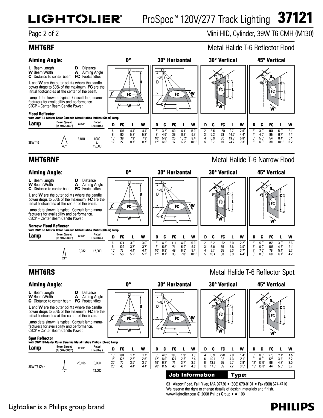 Lightolier 37121 manual Metal Halide T-6Reflector Flood, Metal Halide T-6Narrow Flood, Page 2 of, MHT6RF, MHT6RNF, MHT6RS 
