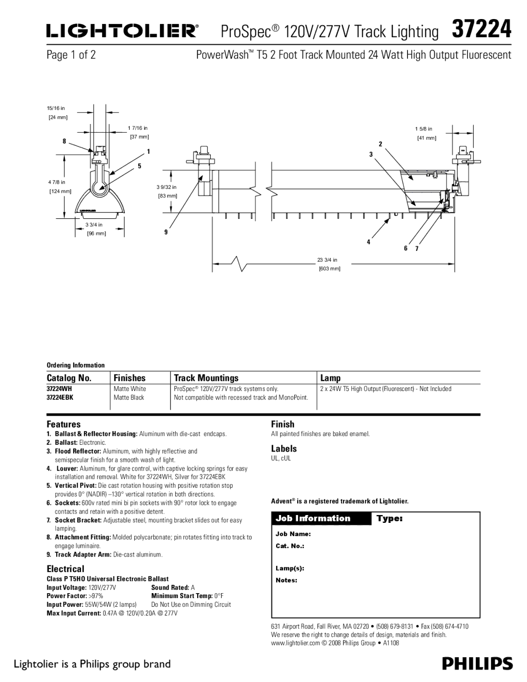 Lightolier 37224 manual Catalog No Finishes Track Mountings Lamp, Features, Electrical, Labels 