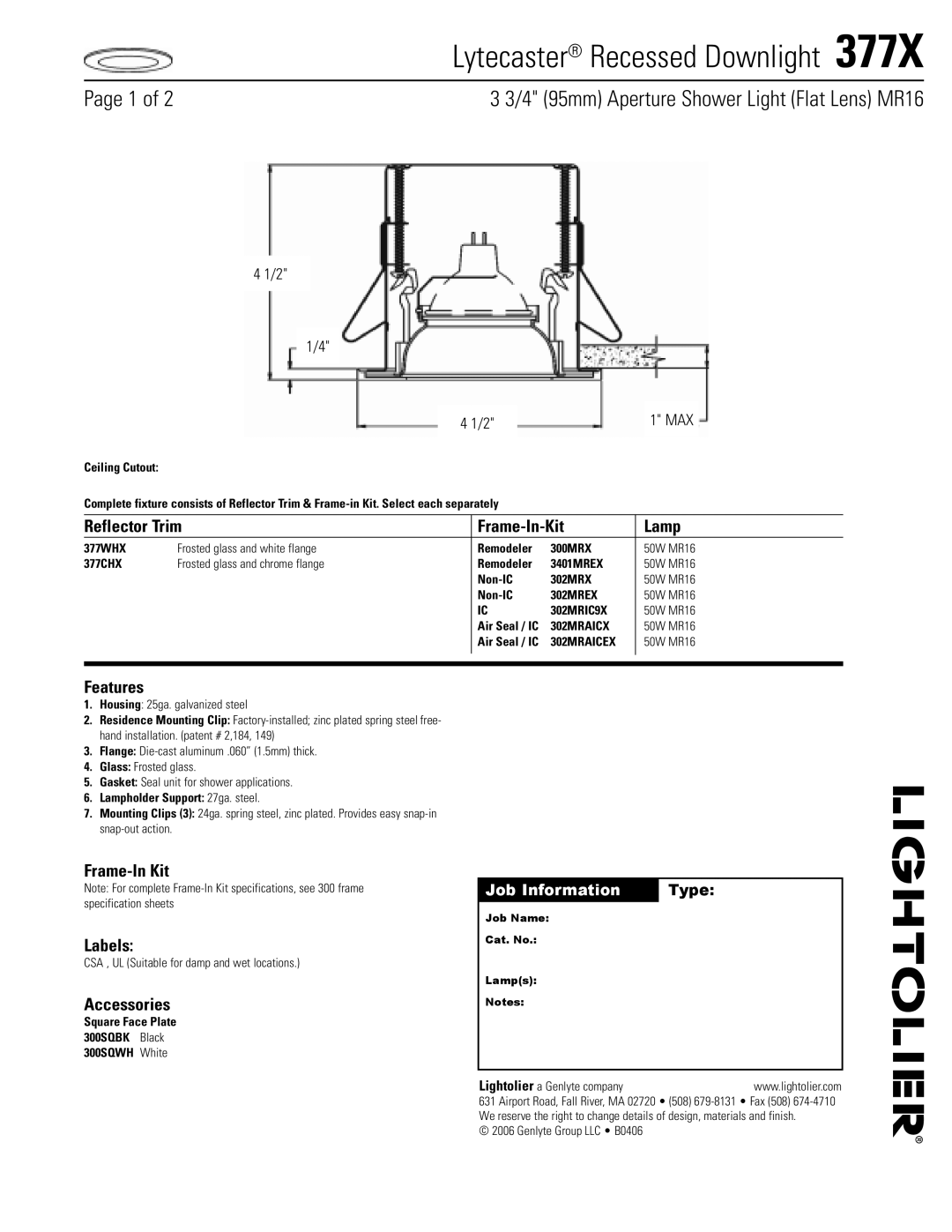 Lightolier 377X specifications Reflector Trim Frame-In-Kit Lamp, Features, Frame-In Kit Labels, Accessories 