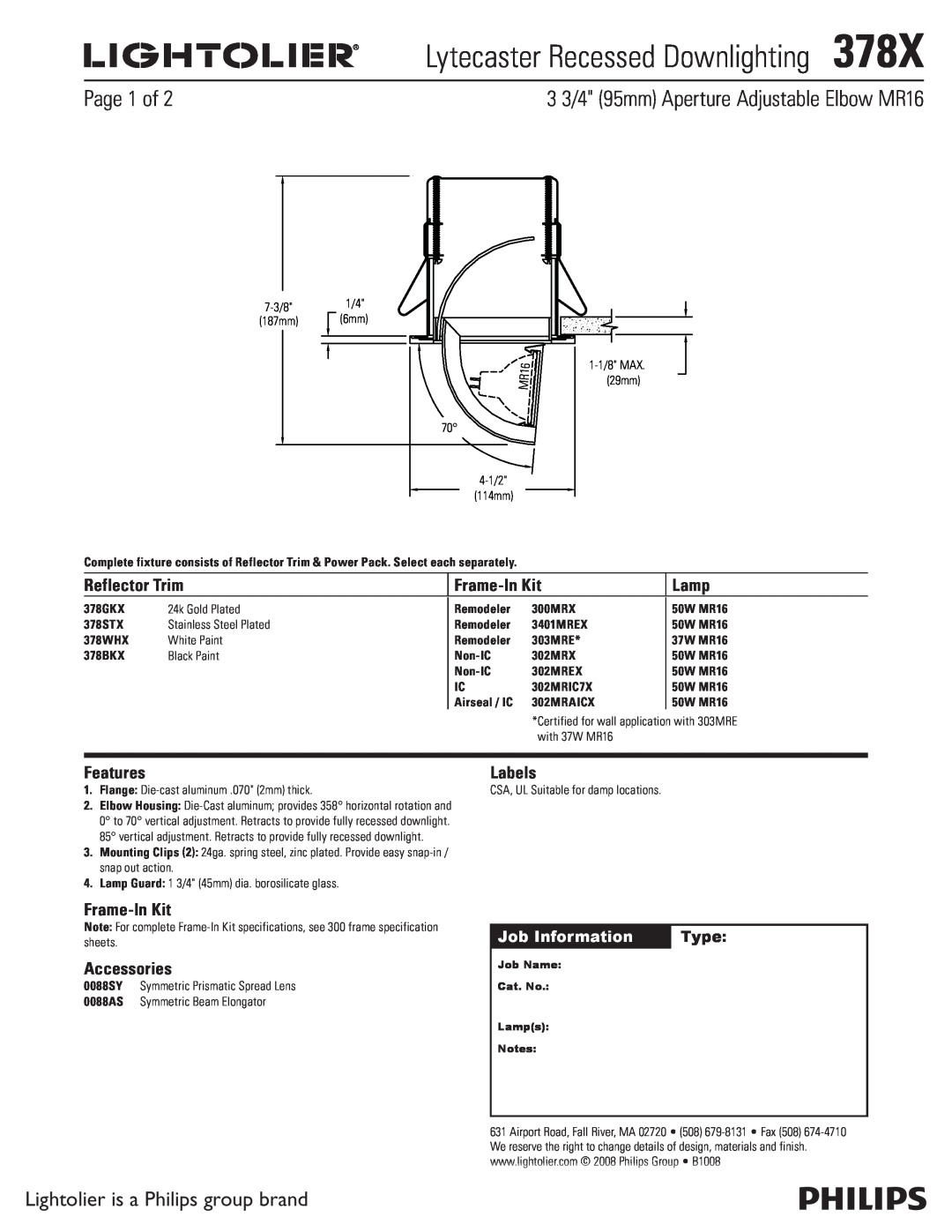 Lightolier specifications Lytecaster Recessed Downlighting378X, 3 3/4 95mm Aperture Adjustable Elbow MR16, Page 1 of 