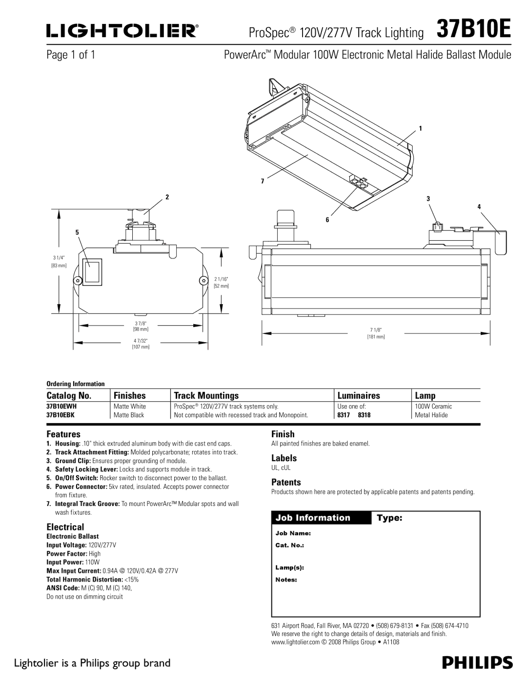 Lightolier manual ProSpec 120V/277V Track Lighting 37B10E 