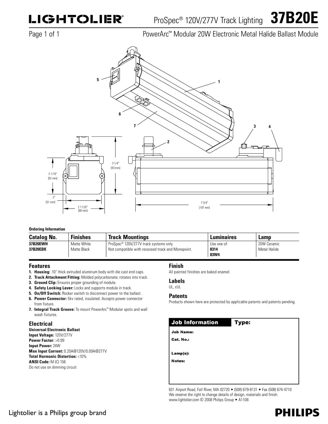 Lightolier manual ProSpec 120V/277V Track Lighting 37B20E, PowerArc Modular 20W Electronic Metal Halide Ballast Module 