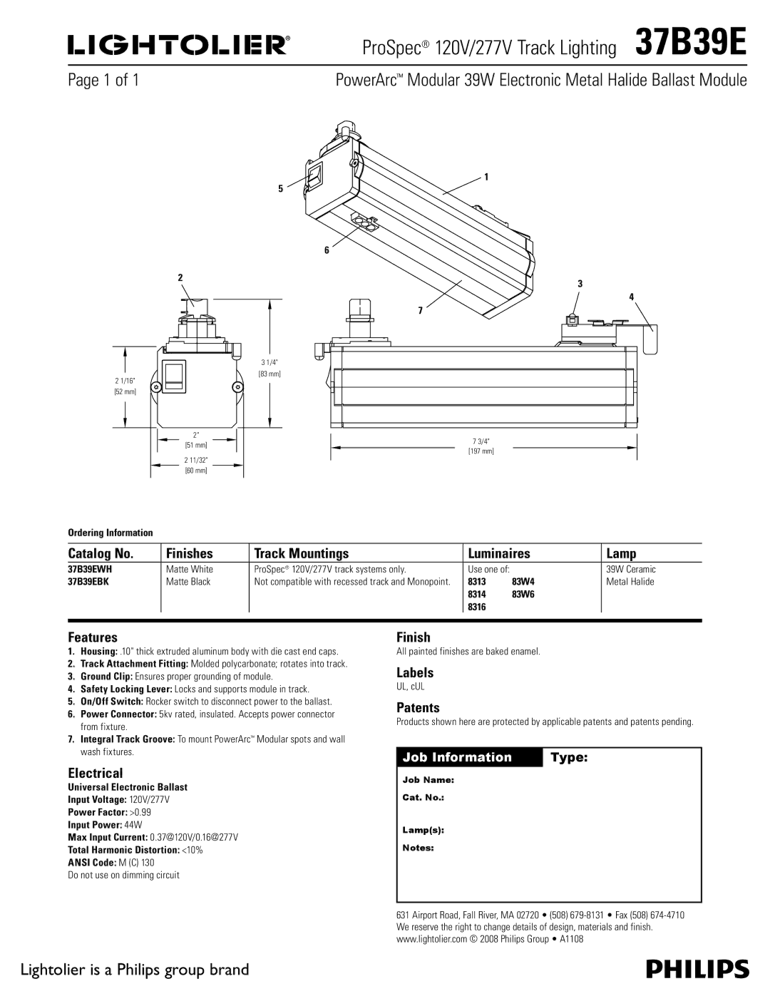 Lightolier manual ProSpec 120V/277V Track Lighting 37B39E, PowerArc Modular 39W Electronic Metal Halide Ballast Module 