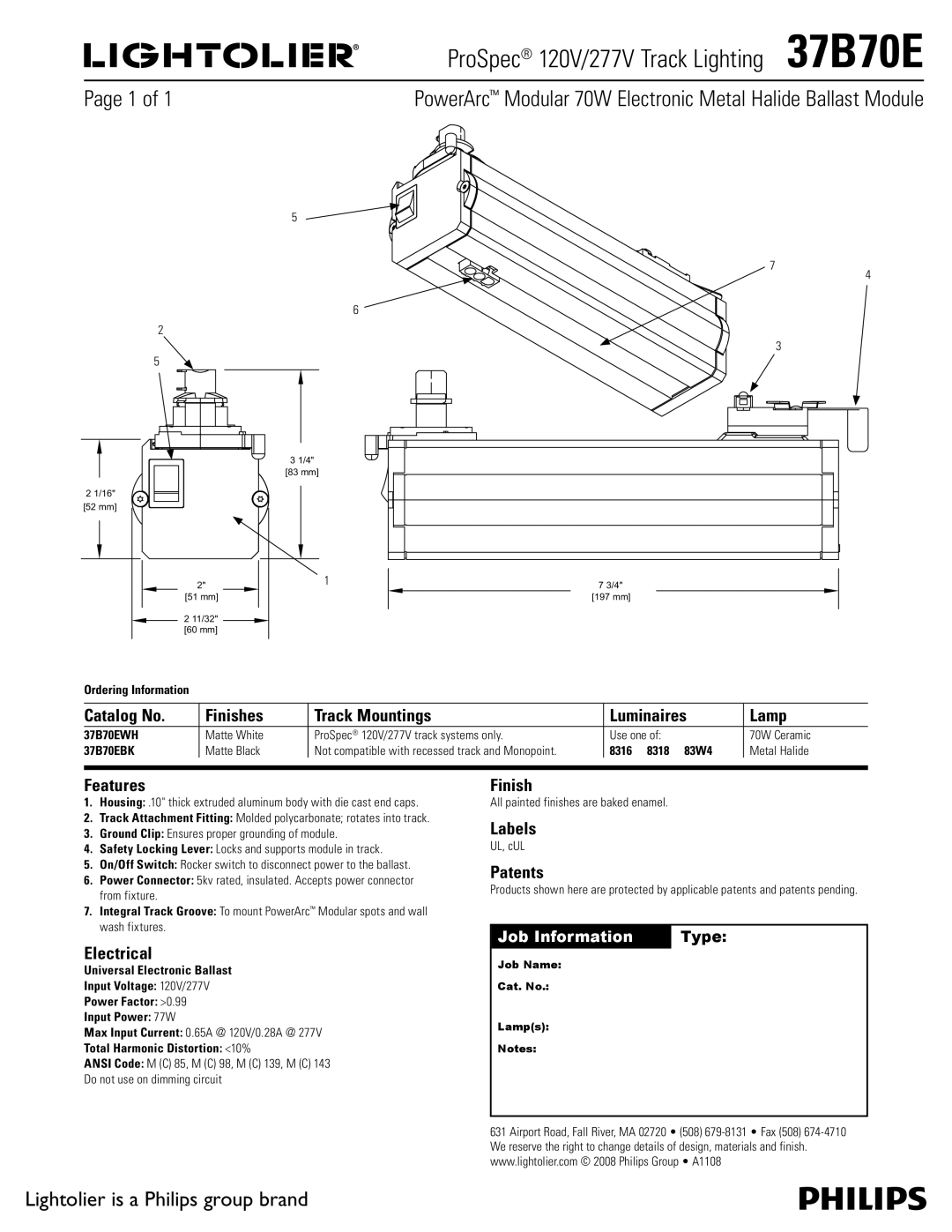 Lightolier manual ProSpec 120V/277V Track Lighting 37B70E, PowerArc Modular 70W Electronic Metal Halide Ballast Module 