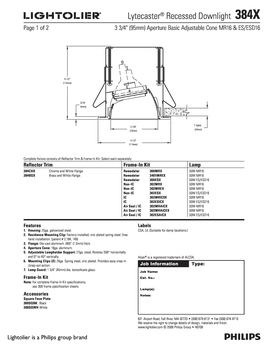 Lightolier 384X specifications Page 1 of, Lightolier is a Philips group brand, Job Information, Type, Reflector Trim, Lamp 
