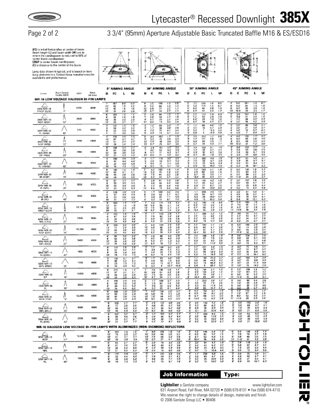 Lightolier 385X specifications Job Information, Type 