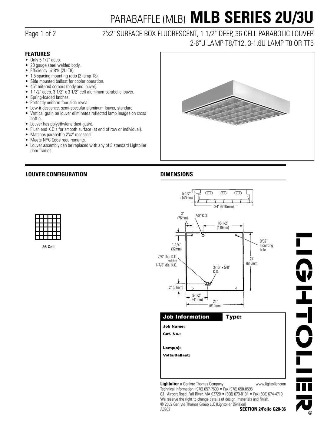 Lightolier 2U, 3U, MLB SERIES dimensions Features, Louver Configuration, Dimensions 