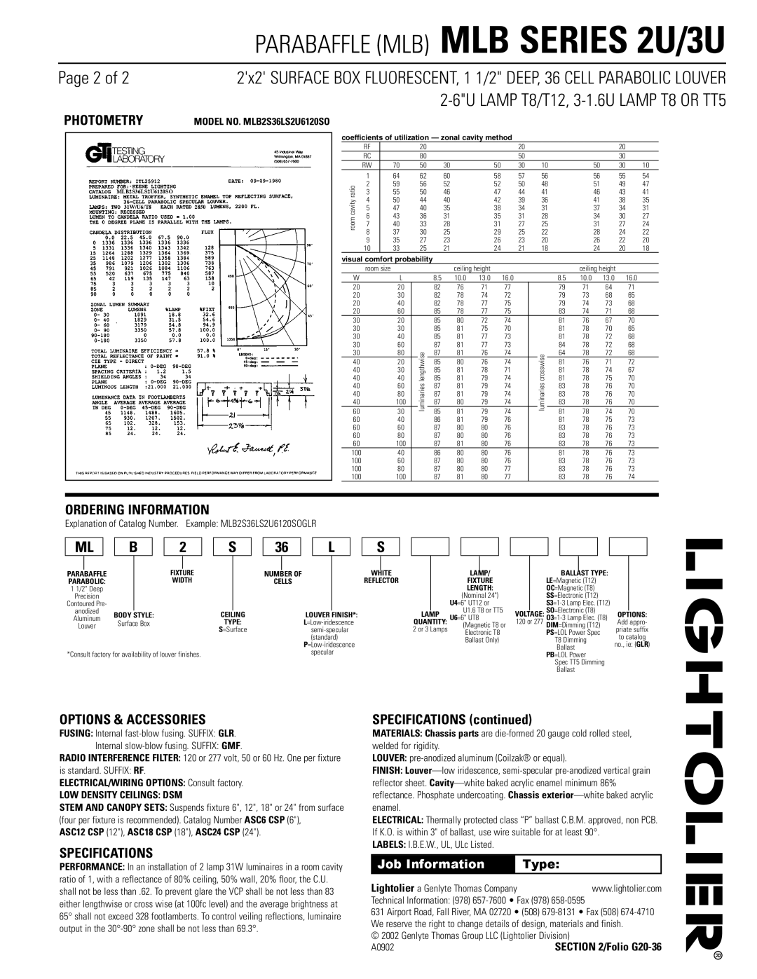 Lightolier MLB SERIES, 3U, 2U dimensions Photometry, Ordering Information, Options & Accessories, Specifications 