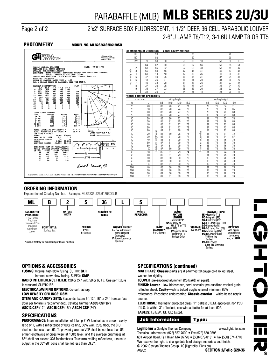 Lightolier MLB SERIES Page 2 of, Photometry, Ordering Information, Options & Accessories, Specifications, Job Information 