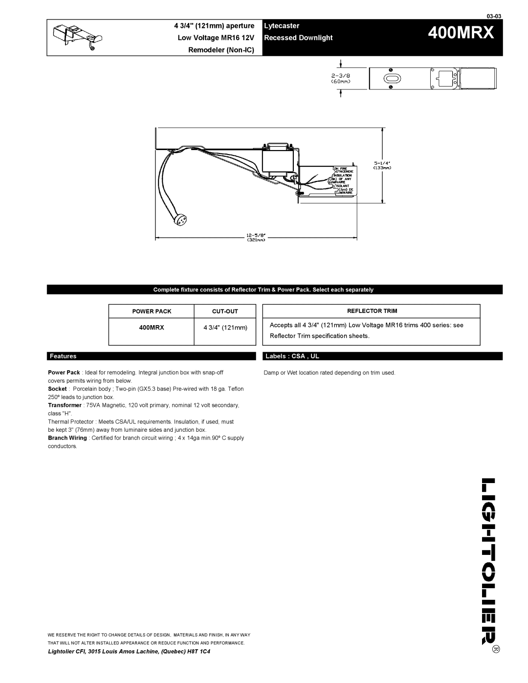 Lightolier 400MRX specifications Lytecaster, Recessed Downlight 