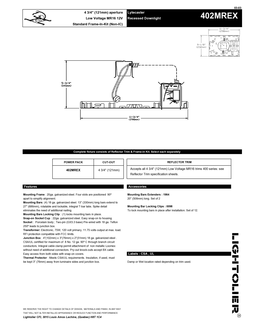 Lightolier 402MREX specifications Lytecaster, Recessed Downlight 