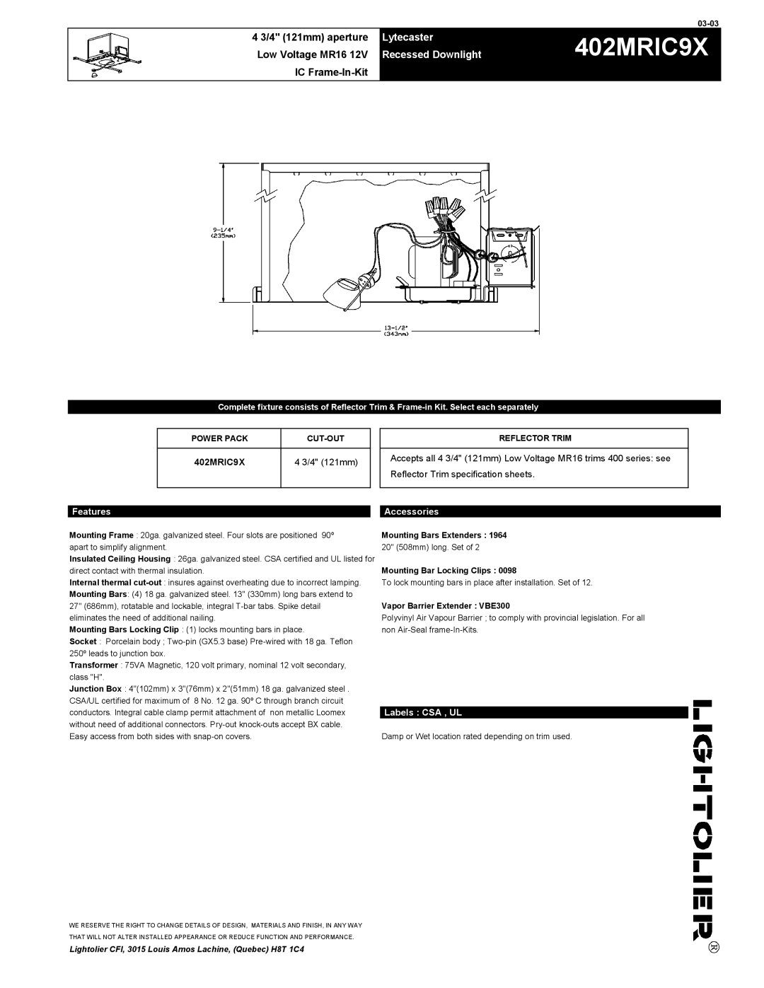 Lightolier 402MRIC9X specifications Lytecaster, Recessed Downlight 