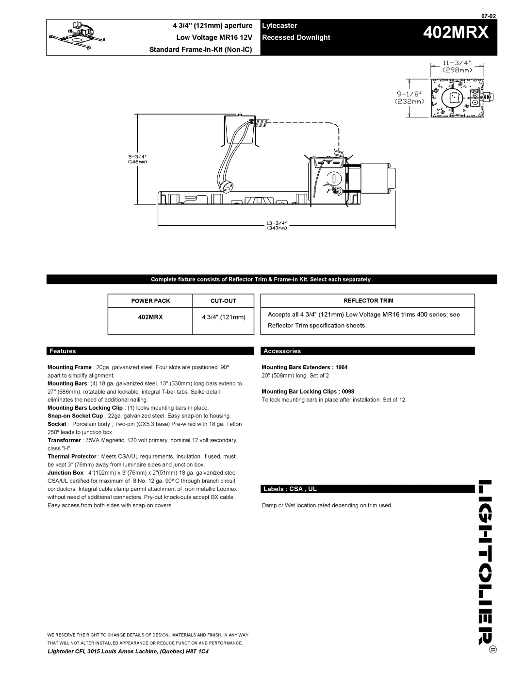 Lightolier 402MRX specifications Lytecaster, Recessed Downlight 