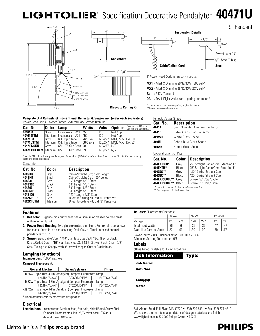 Lightolier 40471U manual Features, Lamping by others, Electrical, Labels 