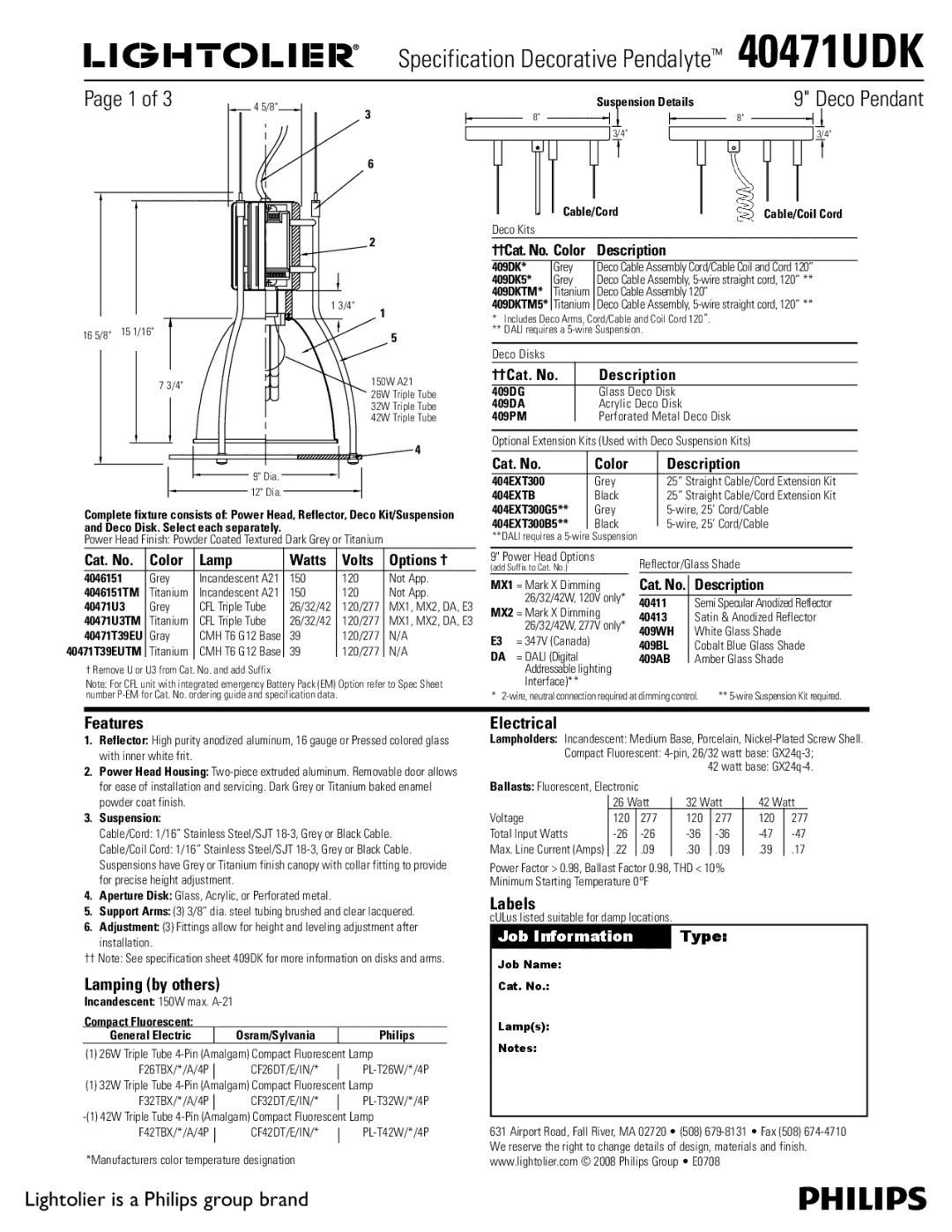 Lightolier 40471UDK specifications Features, Lamping by others, Electrical, Labels 